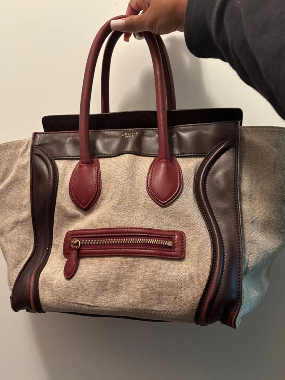 Celine Beige Canvas Tote with Burgundy and Dark Brown Leather Trim - Picture 2 of 10